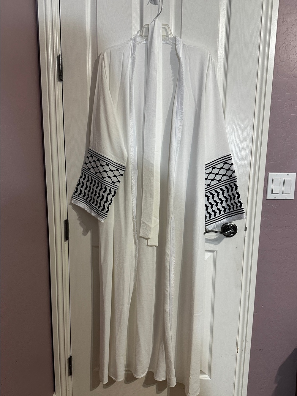 Brand New Open Abaya with Keffiyeh Design White Embroidered Sleeve Maxi Dress
